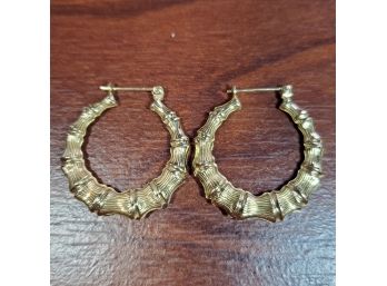 14k Yellow Gold 1 Inch Bamboo Hoop Earrings 2.39g