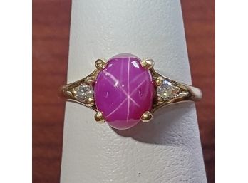 Beautiful 14k Yellow Gold Cabochon Pink Star Ruby & Diamond Ring Sz 6.25 - 2.97g