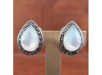 Sterling Silver Mother Of Pearl And Marcasite Clip On Earrings