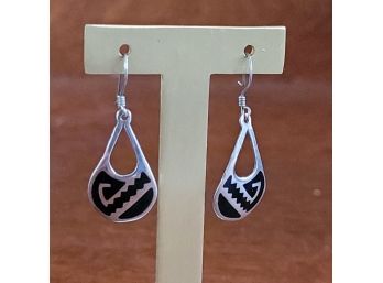 Mexican Sterling Silver Inlaid Onyx Drop Pierced Earrings