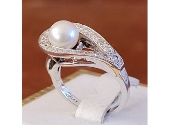 14k White Gold Cultured Pearl Diamond Ring 4.1g Size 4.5