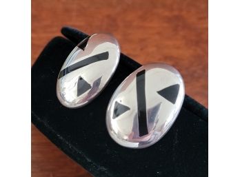 Mexican Sterling Silver Onyx Inlay Pierced Earrings