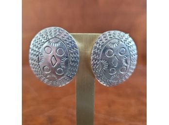 Mexican Sterling Silver Aztec Style Oval Earrings