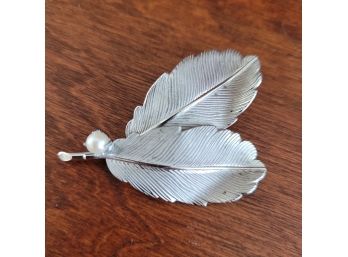 Vintage Sterling Silver Pearl Leaf  Brooch