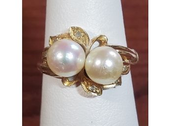 14k Yellow Gold Double Cultured Pearl & Diamond Ring Sz 7 -  3.6g