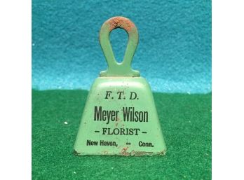 Antique F.T.D. Meyer Wilson Florist New Haven, Conn. Green Metal Advertising Bell. 2 3/8' Tall.