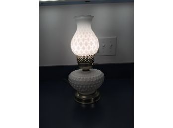 Vintage Bed Side Lamp With Milk Glass Hobnail Base And Milk Glass Shade. 14' Tall.