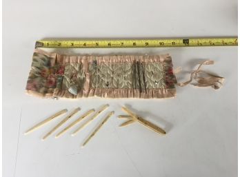Antique Bone Or Ivory Sewing Needles And Tool Kit. Case Appears To Be Silk And Shows Wear.