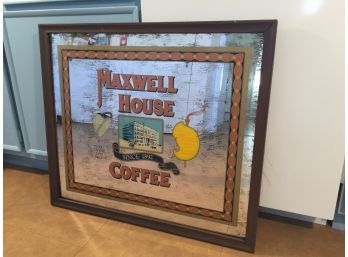 Antique Maxwell House Coffee Reverse Painted Framed Mirror. Measures 26' X 30'.