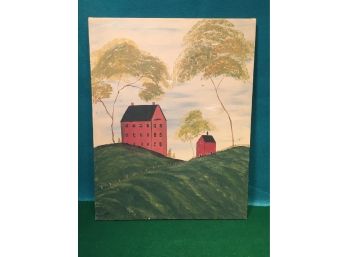 Folk Art Landscape Painting With Maroon House And Matching Barn. Measures 16' X 20'.