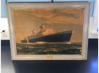 Vintage Framed 'S.S. United States. Fastest Ship In The World. United States Lines.' Circa 1950s Print.