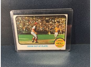 Vintage Topps 1973 Odom Out At Plate Baseball Card. World Series Game 5. Cincinnati Reds/Oakland Athletics.
