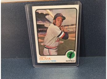 Vintage Topps 1973 Tony Oliva Minnseota (mispelled) Twins Baseball Card.