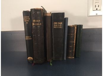 7 Religious Books. Hymnal Bible (1879), Saint Joseph Daily Missal (1849), Gideons (1959), Prayers New & Old.