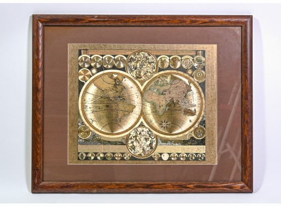 Gilt Reproduction Of Peter Schenk's C. 1700 World Map