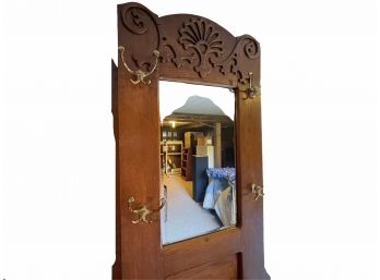 Beautiful Antique Coat Tree With Mirror & Seat That Opens For Storage. Nice Details & Fixtures.