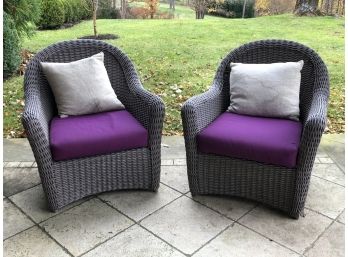 Fabulous Pair Of High Quality Resin Wicker Chairs With Cushions & Pillows - Nicely Oversized - GREAT PAIR !