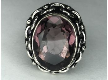 Very Pretty Sterling Silver / 925 Ring With Large Faceted Amethyst Very Pretty Mariner Chain Detail - NICE !