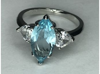 Beautiful Sterling Silver / 925 Ring With Marquis Cut Aquamarine Flanked By Two Heart Shaped White Topaz