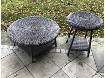 Very Nice - High Quality Resin Wicker Cocktail Table With Glass Top & Matching Side Table - Two For One Bid !