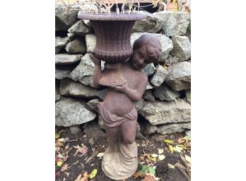Spectacular Antique Victorian Cast Iron Garden Statue Of Putti Holding Urn - Incredible Rusty Patina 1880-1910