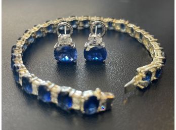 Lovely Sterling Silver Bracelet & Earring Set With Blue Gem Stones