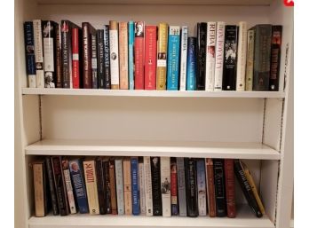 Two Shelves Of 52 Interesting Reads - Mostly Hard Cover Books - Many With Dust Jackets.