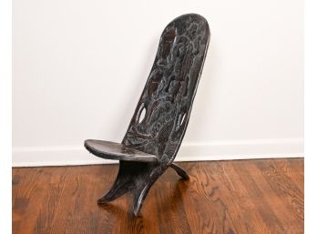 Carved Hardwood Tribal Style Chair With Fish, Crocodile & Ostrich Design