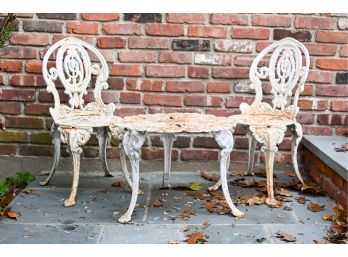 Antique White-painted Wrought Iron Patio Chairs & Cocktail Table
