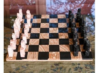Carved Black And Pink Marble Chess Set And Board