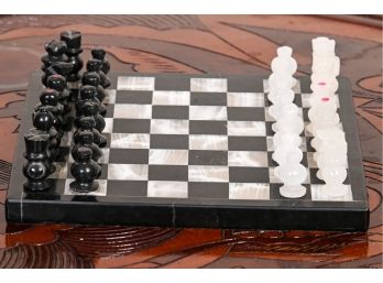 Carved Black And White Marble Chess Set And Board