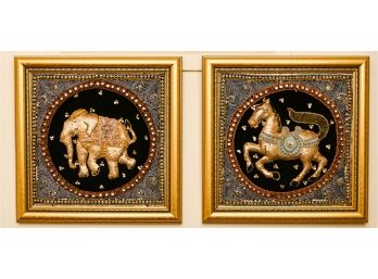 Matching Pair Of Beaded And Sequined Tapestries In Gold Frames