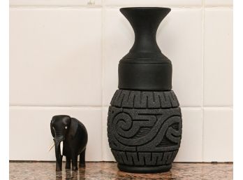 Carved Wooden Elephant Figurine & Signed Pottery Vase