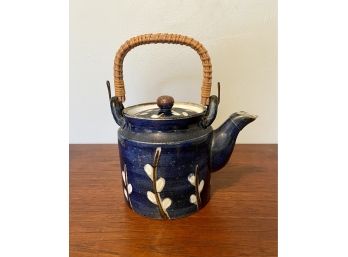 Vintage Otagiri Teapot, PussyWillow Design, Blue And White With A Wire And Wicker Handle