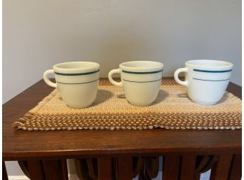 Set Of 3 Vintage Anchor Hocking Milk Glass Teal Stripe Mugs