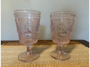 Pair Vintage Pink Nobby Glass Goblet With Rabbit Design