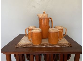 Rare Vintage Hull Tangerine Drip Glaze Pitcher And 4 Mugs