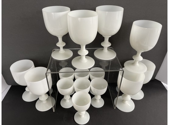 70's Portieux Vallerysthal Opaque White Water Goblet And Wine Glasses Wafer Stem