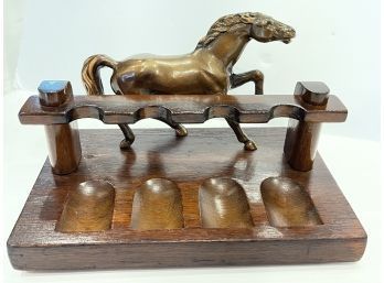 Vintage 4 Pipe Holder Genuine Walnut Brass Horse DUK-IT McDonald Products Corp. Buffalo, N.Y. Wooden Felt Base