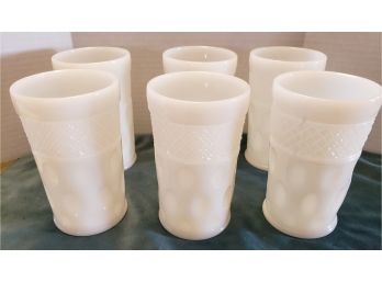 Set Of 6 McKee Thumbprint Diamond Crosshatch Milk Glass Tumblers