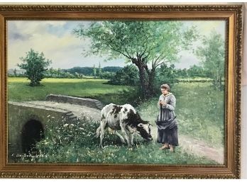 Large Pheasant And Cow Oil On Canvas  Signed By Artist