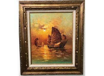 Vintage Sunset Ship Oil On Canvas In Gilt Frame Signed By Artist