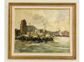 Vintage Harbor Scene Oil On Canvas Signed By Artist