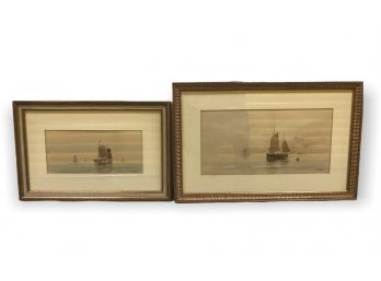 Pair Of Framed Watercolor Sailship Paitnings Signed By Artist