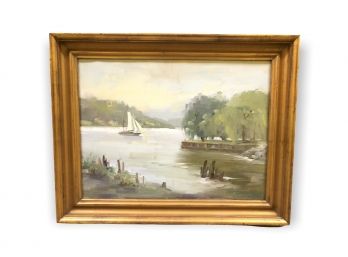 Gilt Framed Oil On Canvas Of A Ship Signed By Artist 'The Mistic Whaler'