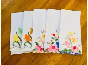 Set Of Five Vintage Colorful Floral Tea Towels