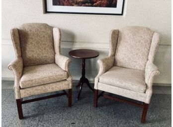 Pair Of High Back Taupe Upholstered Wing Back Armchairs