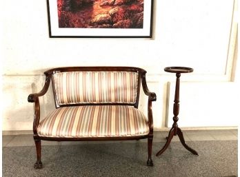 Antique Solid Wood Upholstered Settee With Carved Claw Feet