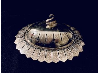 Vintage Silver-tone Covered Dish With Swan Finial