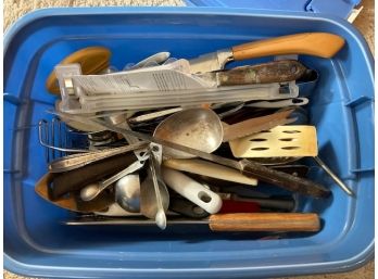 Estate Find - Plastic Bin Of Vintage Utensils And Cutlery